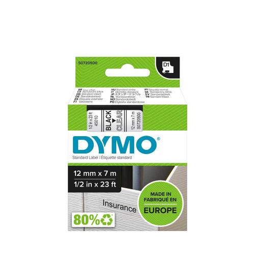 Dymo D1, 12 mm svart på transparent
