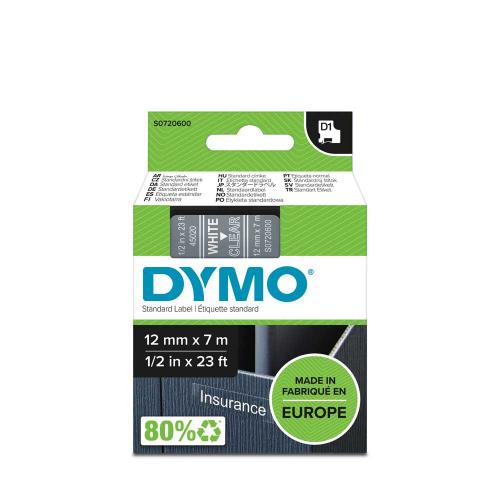 Dymo D1, 12 mm vit på transparent