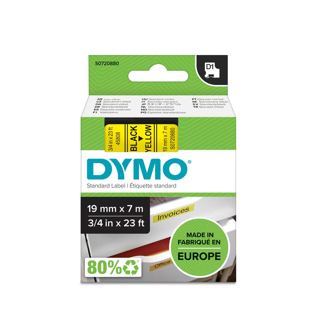 Dymo D1, 19 mm svart på gul