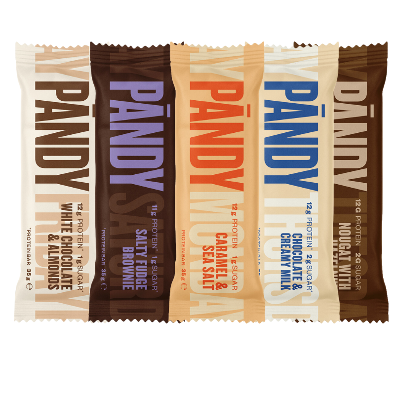 Pändy Proteinbar Mixlåda 18x35g (6st Caramel Sea Salt, 6st Salty Fudge Brownie, 6st Chocolate & Creamy Milk)