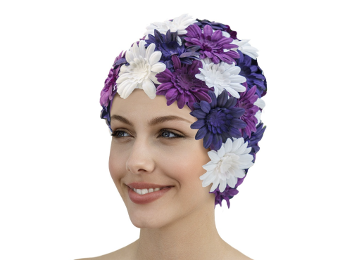 Badmössa med tygblommor - Lila / Vit