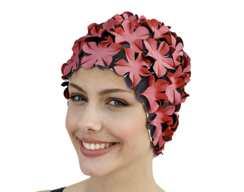 Badmössa Blommig Röd/Svart