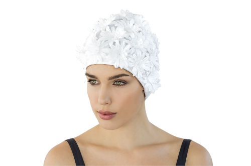 Badmössa med tygblommor - Vit