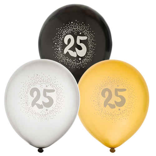 Ballonger 6pack 25År Guld, Silver och Svart