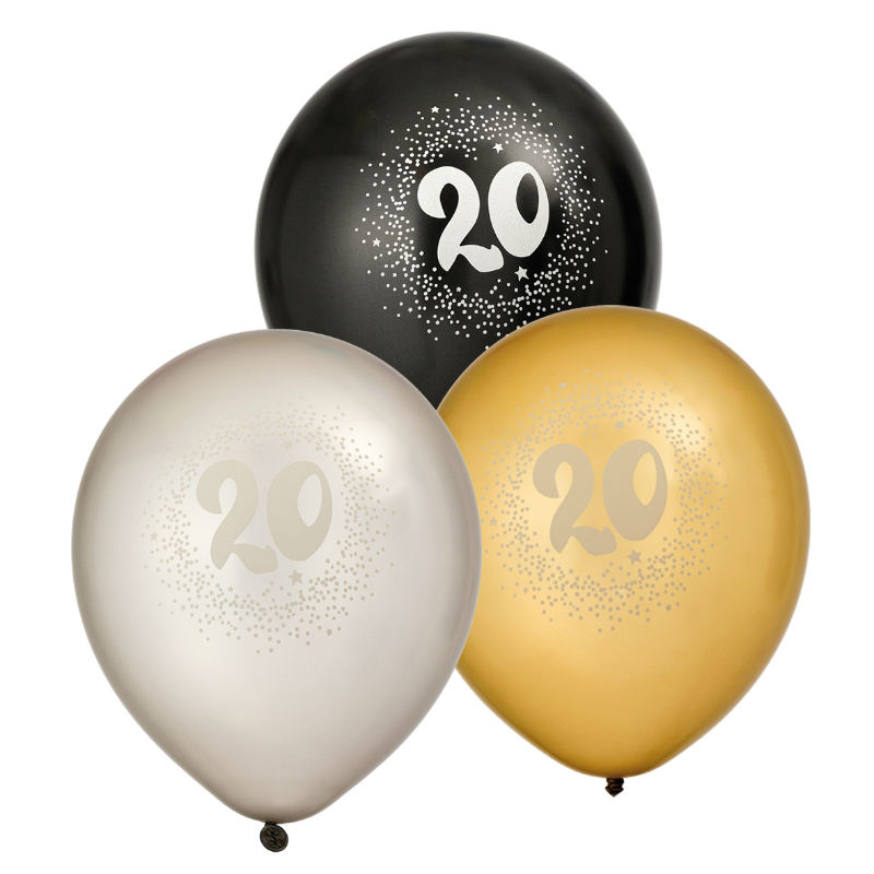 Ballonger 6-pack 20år 2x silver2x guld2x svart