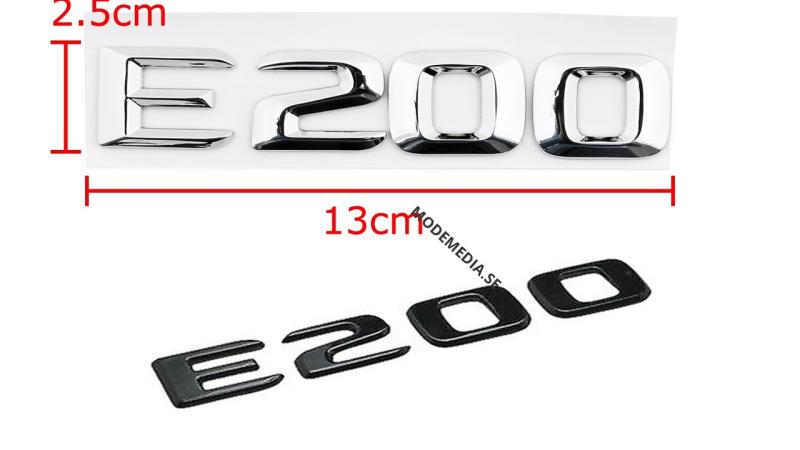 Mercedes E200 emblem svart, silver modellbeteckning