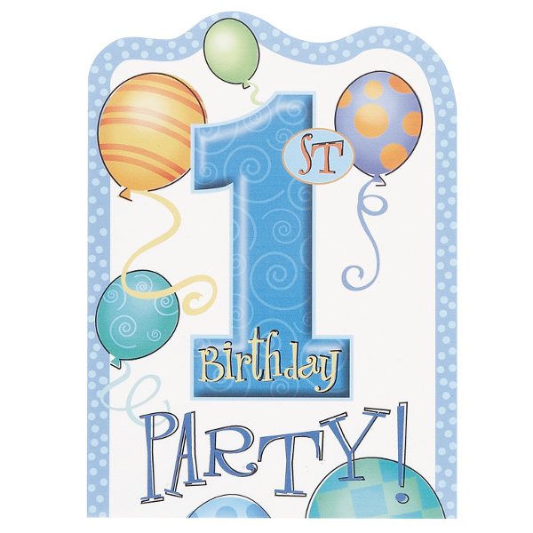 First Birthday Balloons Blue Invitation Cards