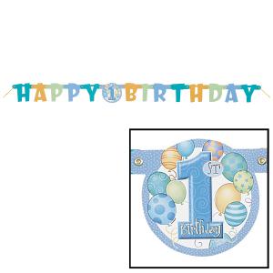 First Birthday Balloons Blue Jointed Banner