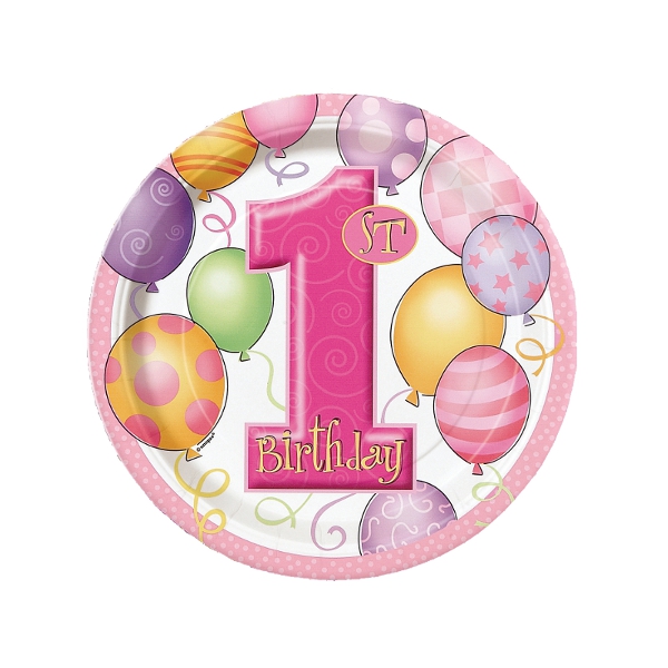 First Birthday Balloons Pink Dessert Plates