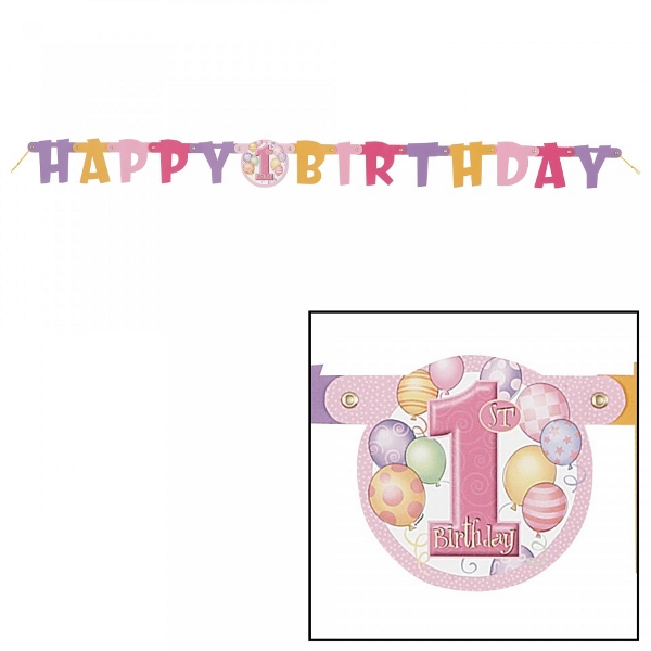 First Birthday Balloons Pink Jointed Banner