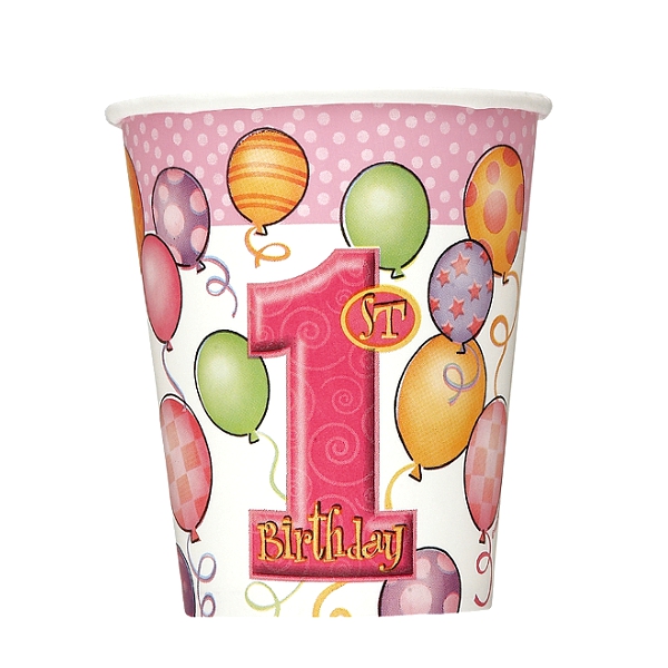 First Birthday Balloons Pink Paper Cups