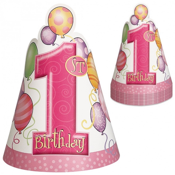 First Birthday Balloons Pink Cone Hats