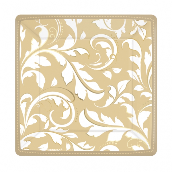 Gold Elegant Scroll Square Metallic Paper Plates - 18 cm