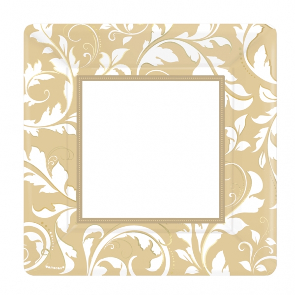 Gold Elegant Scroll Square Metallic Paper Plates - 25,4 cm
