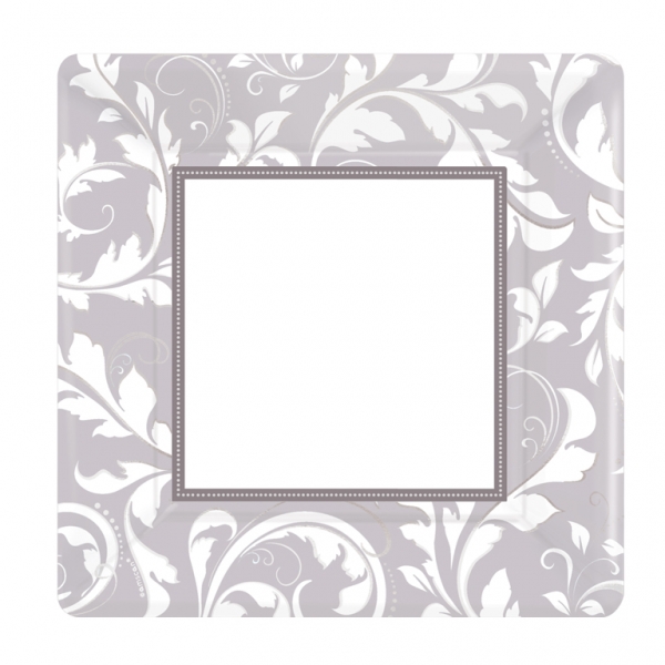 Silver Elegant Scroll Square Metallic Paper Plates - 25,4 cm
