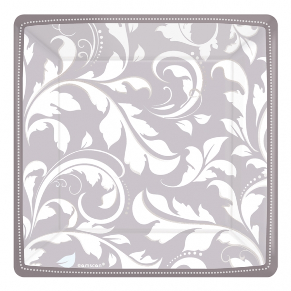 Silver Elegant Scroll Square Metallic Paper Plates - 18cm