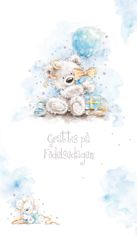 "Grattis på Födelsedagen" blått textkort - nalle