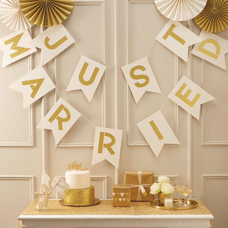 Just Married Ivory & Gold Bunting - Metallic Perfection