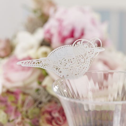 Bird Place Card for Glass White - Vintage Lace