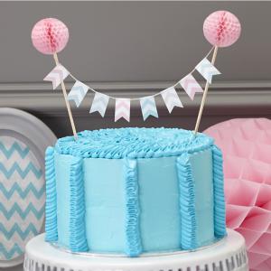 Cake Bunting Topper with Pink Pom Poms - Chevron Divine
