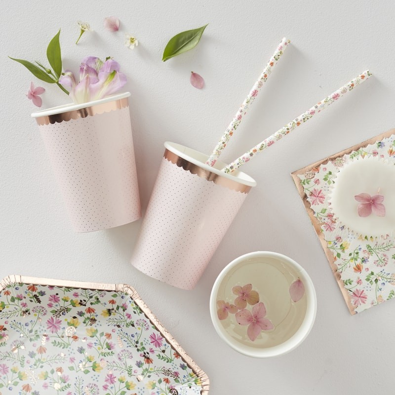 Rose Gold Foiled Polka Dot Paper Cups - Ditsy Floral
