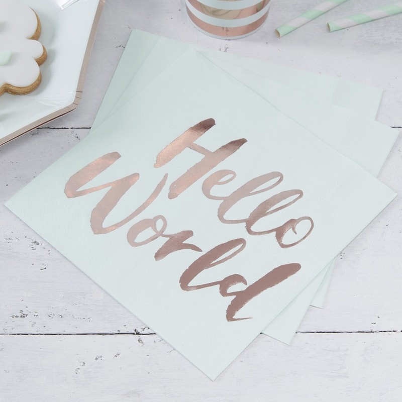 Mint & Rose Gold Paper Napkins - Hello World