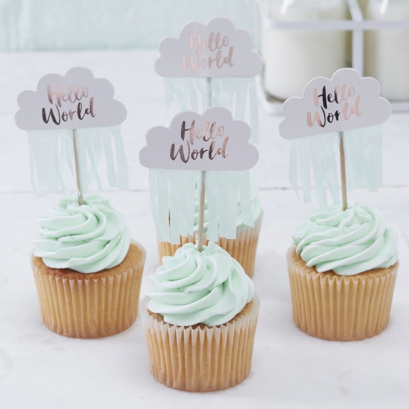 Rose Gold & Cloud Baby Shower Cupcake Toppers - Hello World