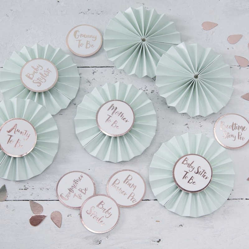 Baby Shower Badges In Mint & Rose Gold - Hello World