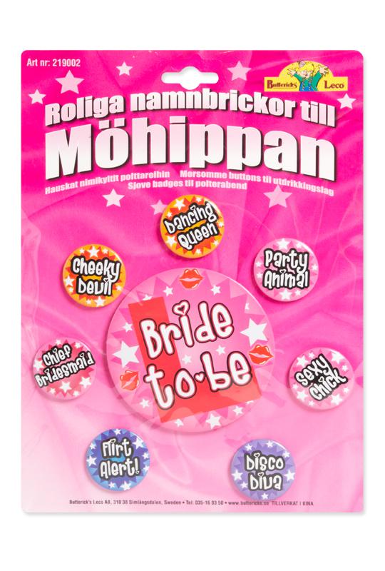 Roliga namnknappar till möhippan