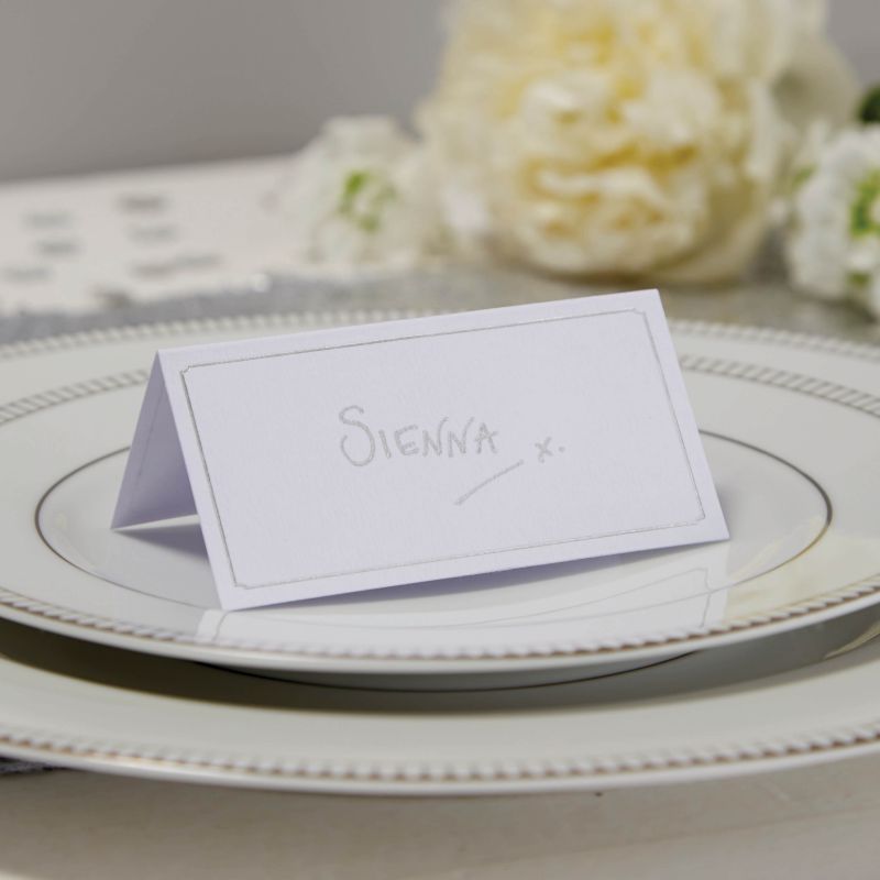 White & Silver Foiled Place Cards - Metallic Perfection