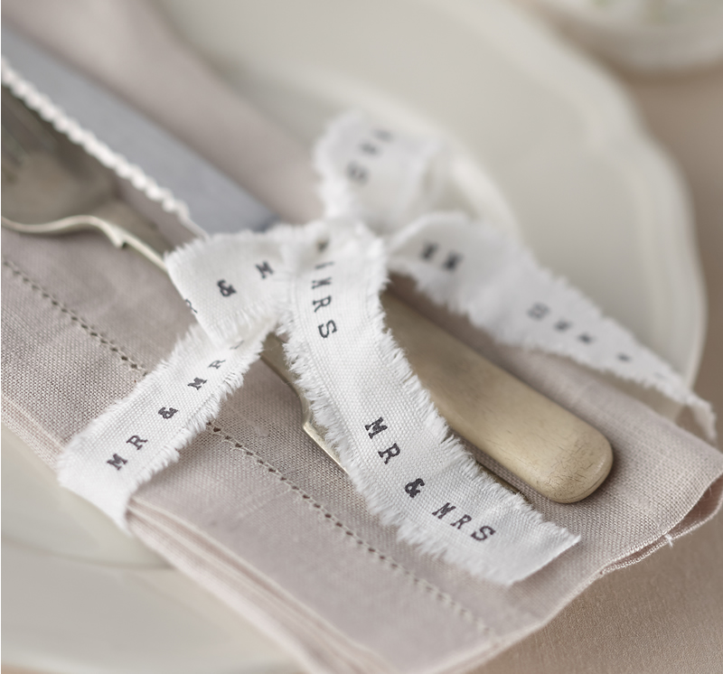 Mr & Mrs White Frayed Ribbon - Vintage Affair