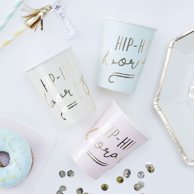 Gold Foiled Hip Hip Hooray Pastel Paper Cups - Pick & Mix Pastel