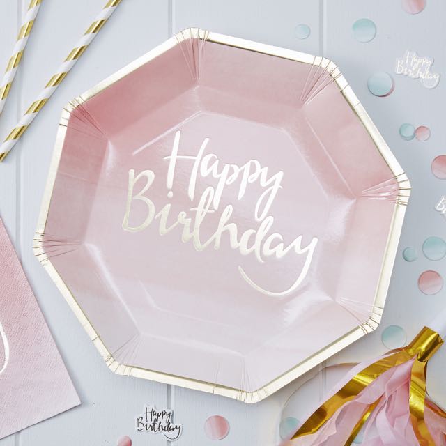 Gold Foiled Pink Ombre Happy Birthday Paper Plates - Pick & Mix