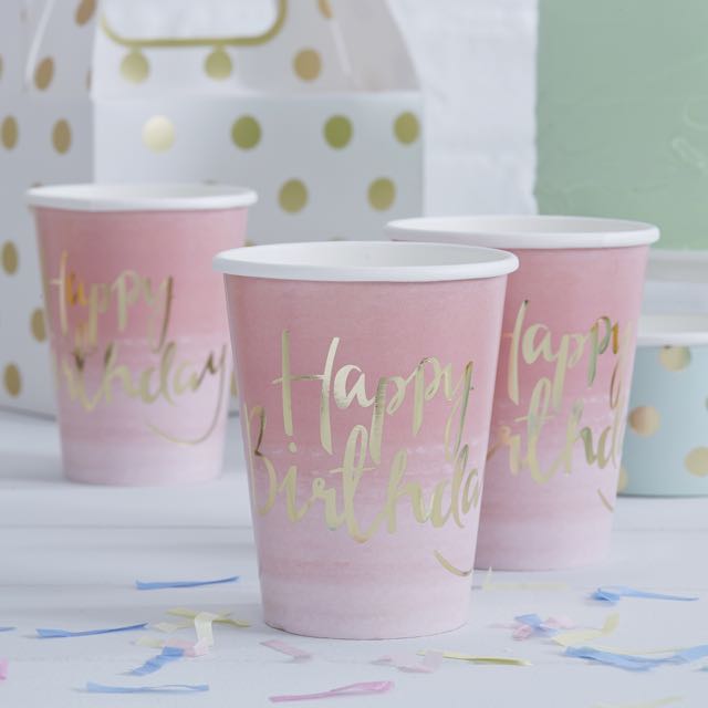 Gold Foiled Pink Ombre Happy Birthday Paper Cups - Pick & Mix