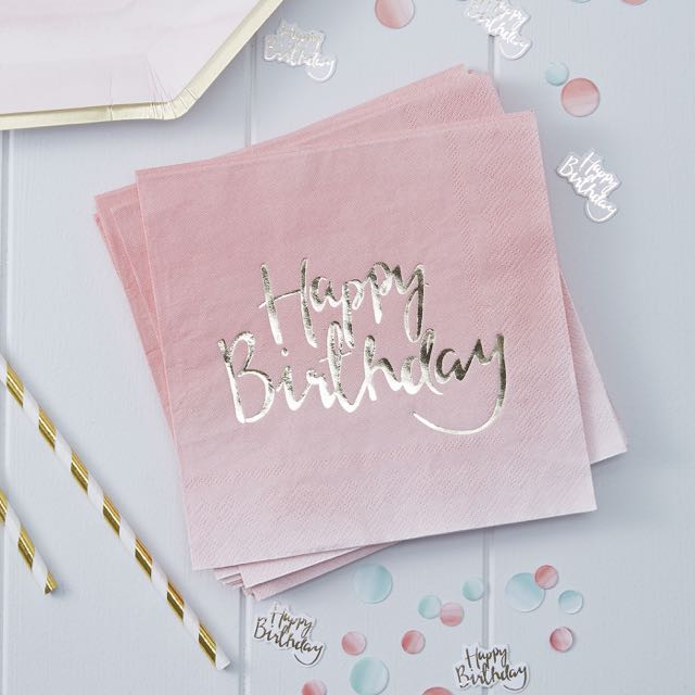 Gold Foiled Pink Ombre Happy Birthday Paper Napkins - Pick & Mix
