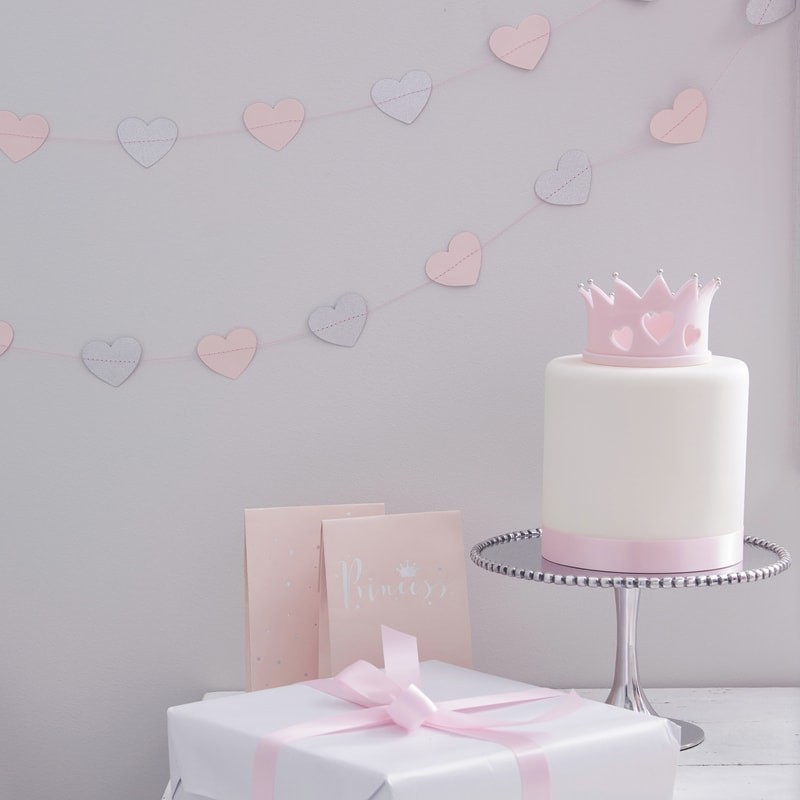 Pink & Silver Glitter Heart Garland - Princess Perfection Party