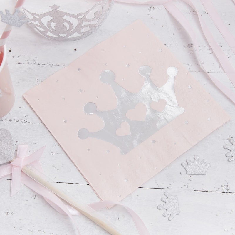 Pink & Silver Foiled Tiara Paper Napkins - Princess Perfection Party