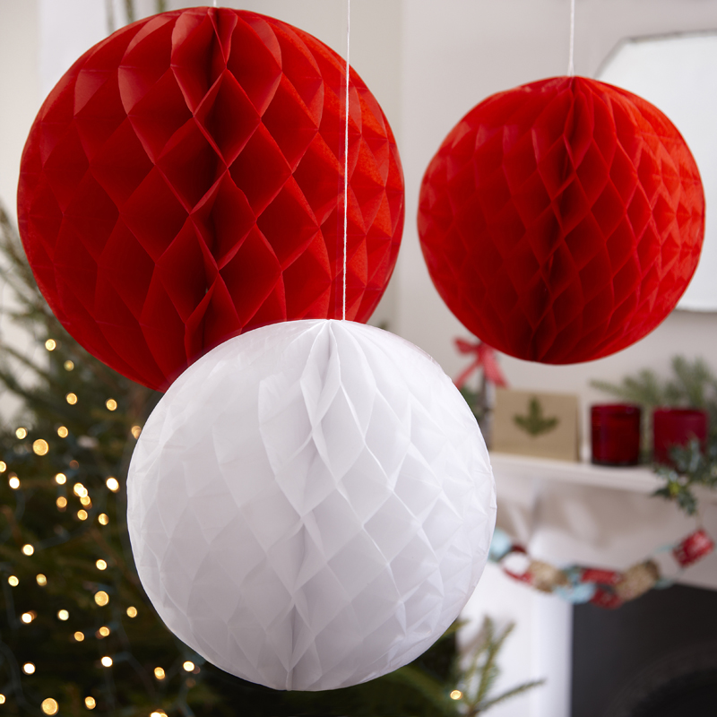Honeycomb Ball Decoration - Red & White - Vintage Noel
