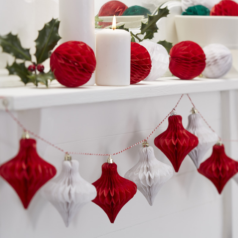 Christmas Red and White Honeycomb Bauble Garland - Vintage Noel
