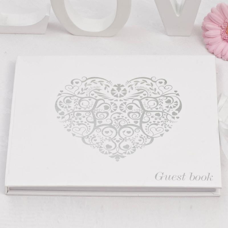 Guest Book - Vintage Romance White & Silver