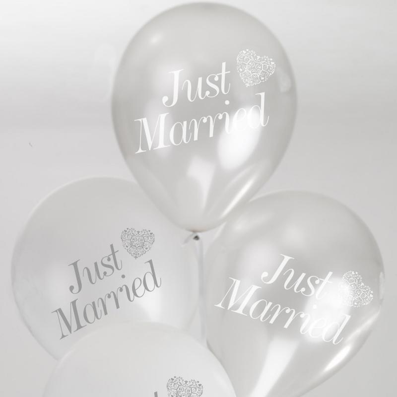 "Just Married" Balloons - Vintage Romance White & Silver