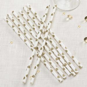 Paper Straws - Vintage Romance Ivory & Gold Hearts