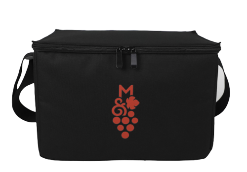 Svart vinprovarväska med axelrem och röd Munskänkslogotyp på framsidan av väskan.
