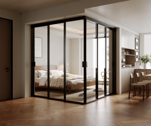 Skjutdörrar 6 st topphängd hörnmodell H 240 cm