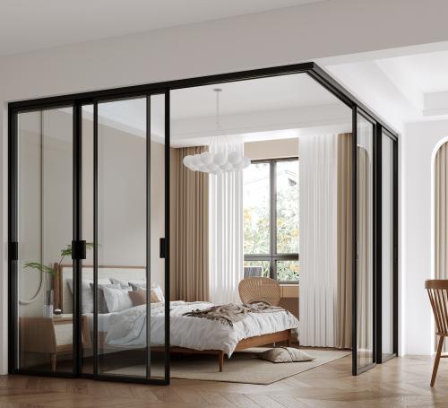 Skjutdörrar 8 st topphängd hörnmodell H 240 cm