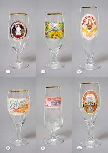 6 antika ölglasmodeller med dekor av etiketter (Serie 2)