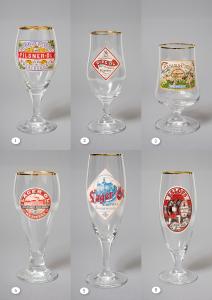 6 antika ölglasmodeller med dekor av etiketter (Serie 1)