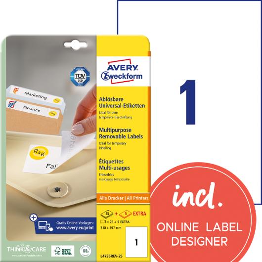 Etikett AVERY Avtagbar 210x297mm 30/FP