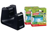 tesa® Easy Cut® SMART skrivbordstejphållare, svart, med 2 rullar tesafilm® Eco & Clear-tejp, 19 mm x 33 m, 53905 (set om 3 st)