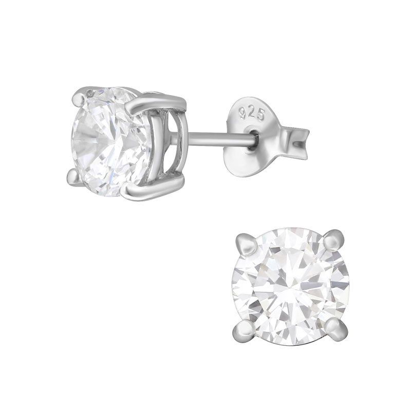 6 mm rund kristall - Stora kristallörhängen - Studs i äkta silver